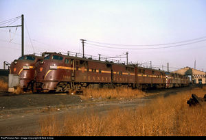 EMD E7(A), Pennsylvania Railroad , New York and Long Branch engine terminal, South Amboy, New Jersey, USA November, 1964.